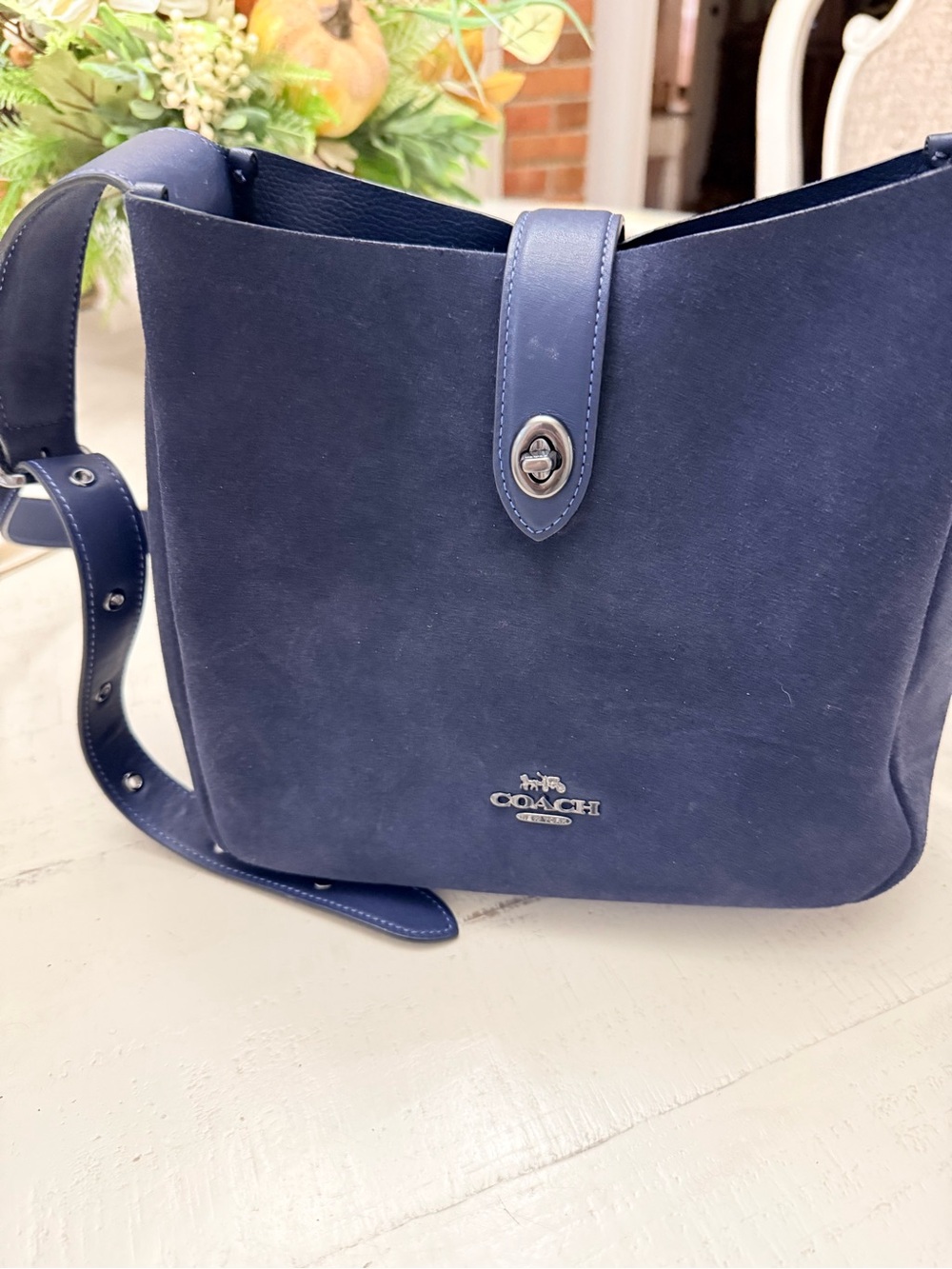 Coach Navy Suede Shoulder Bag with Silver-Tone Hardware